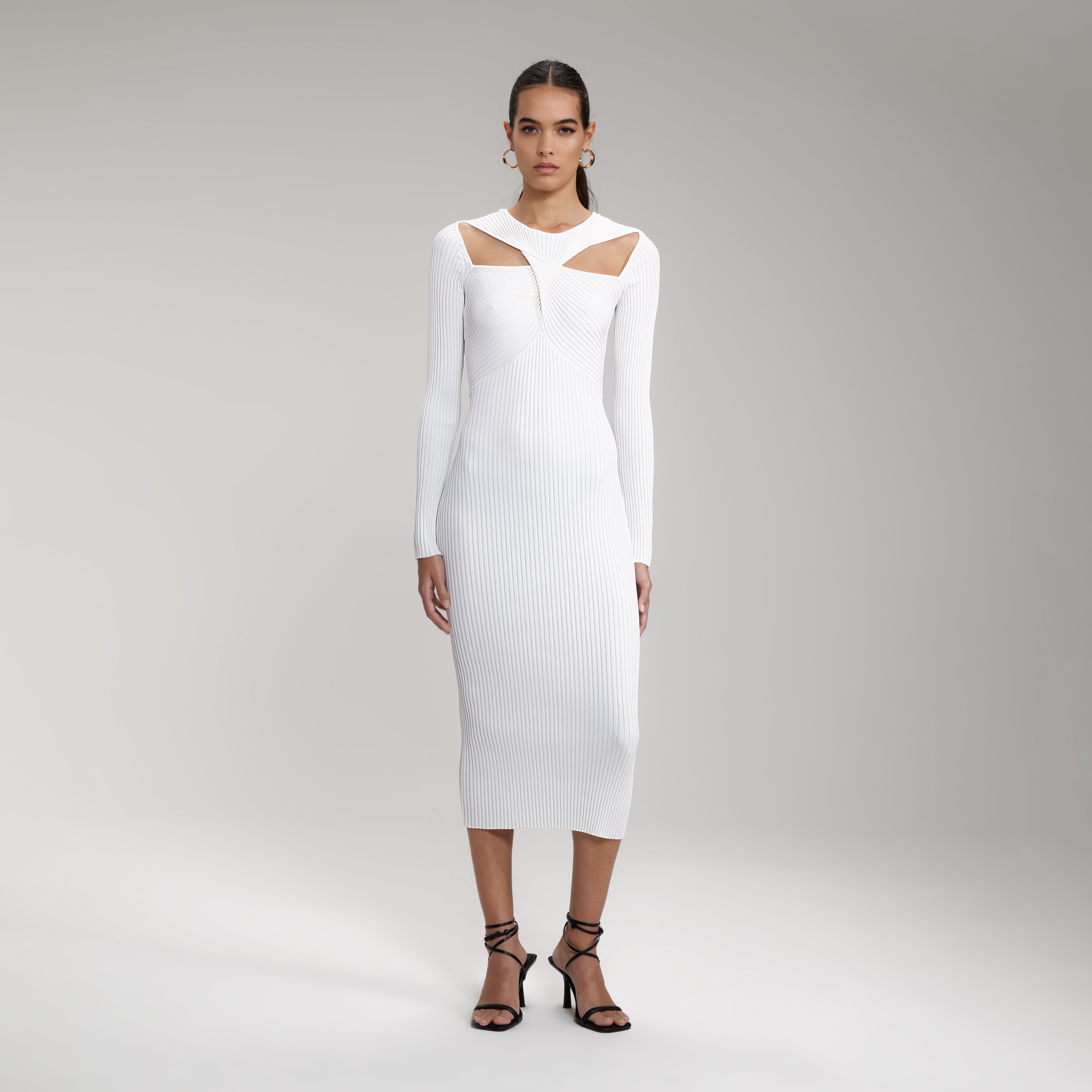 White Ribbed Knit Cut Out Midi Dress ...